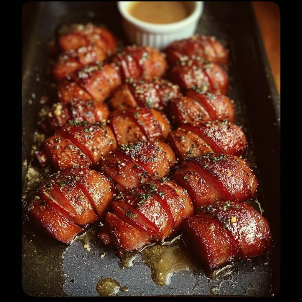 Delicious Mustard Hasselback Kielbasa Bites on a serving plate