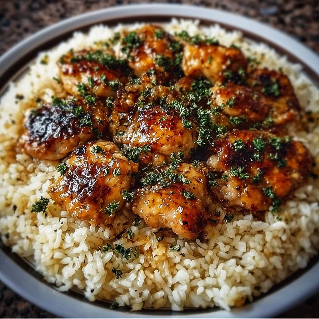 One-Pan Honey Butter Garlic Chicken served with rice in a delicious glaze
