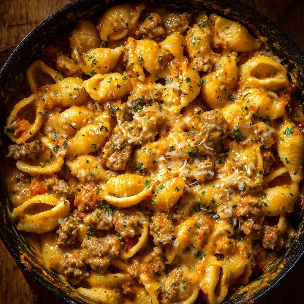 One Pot Cheesy Italian Sausage and Shells recipe featuring creamy shells and sausage