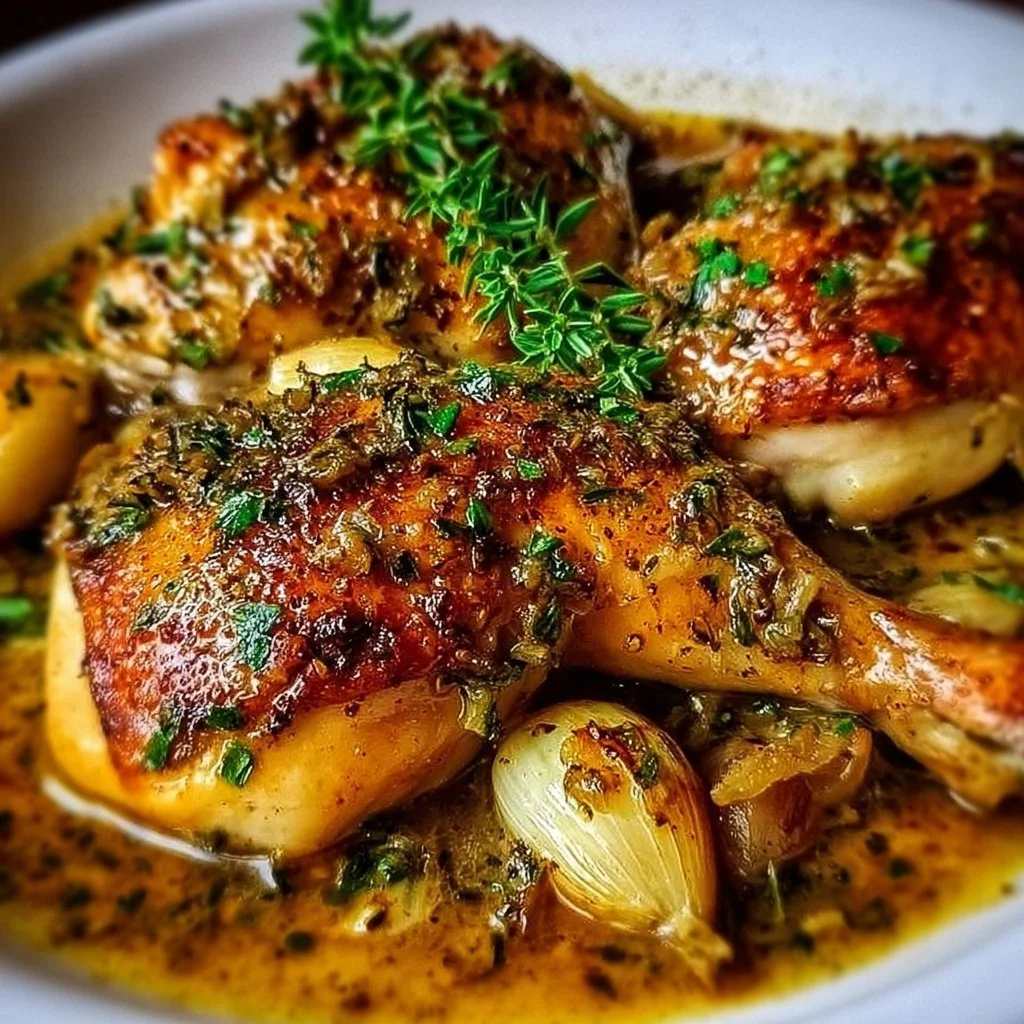 Plate of oven-roasted French Garlic Chicken garnished with herbs