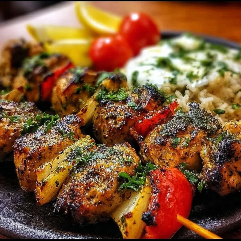 Delicious Persian Chicken Kabobs on skewers