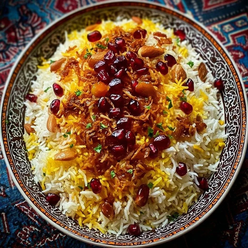 Bowl of Persian jeweled rice with colorful fruits and nuts