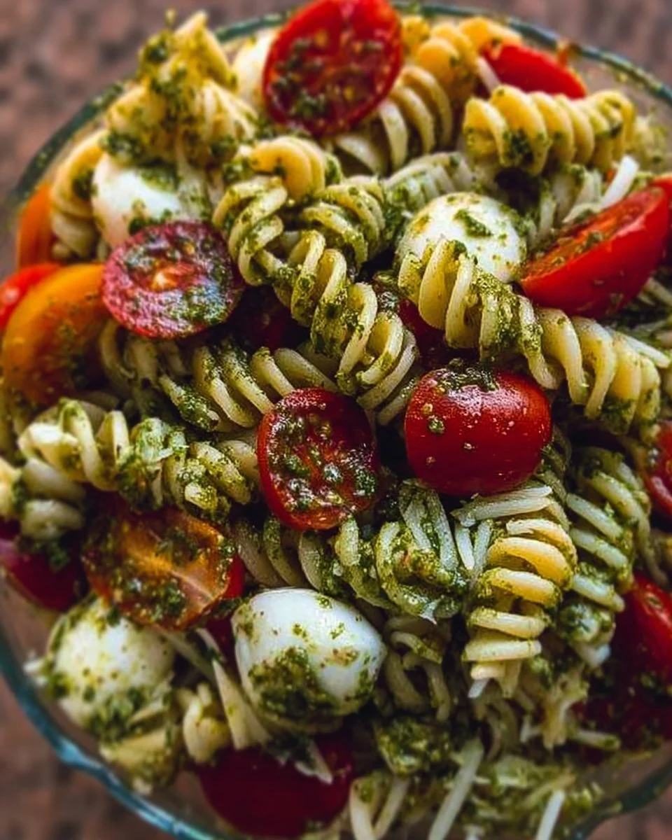 Pesto pasta salad with fresh tomatoes and mozzarella in a bowl
