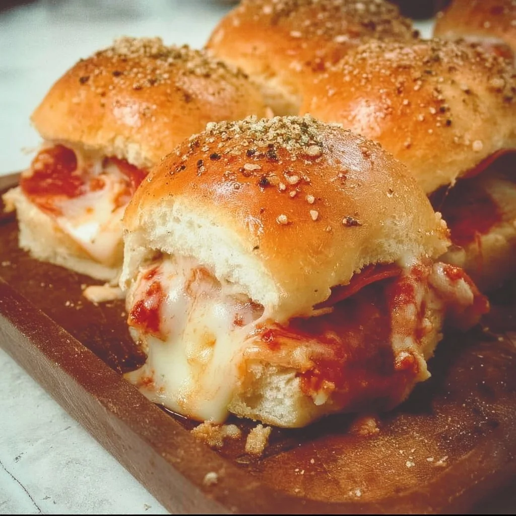 Homemade Pizza Sliders topped with cheese and pepperoni on a platter
