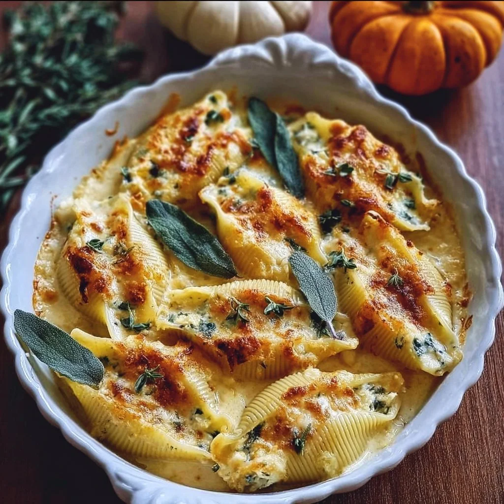 Pumpkin gouda stuffed shells in brown butter sage Alfredo sauce