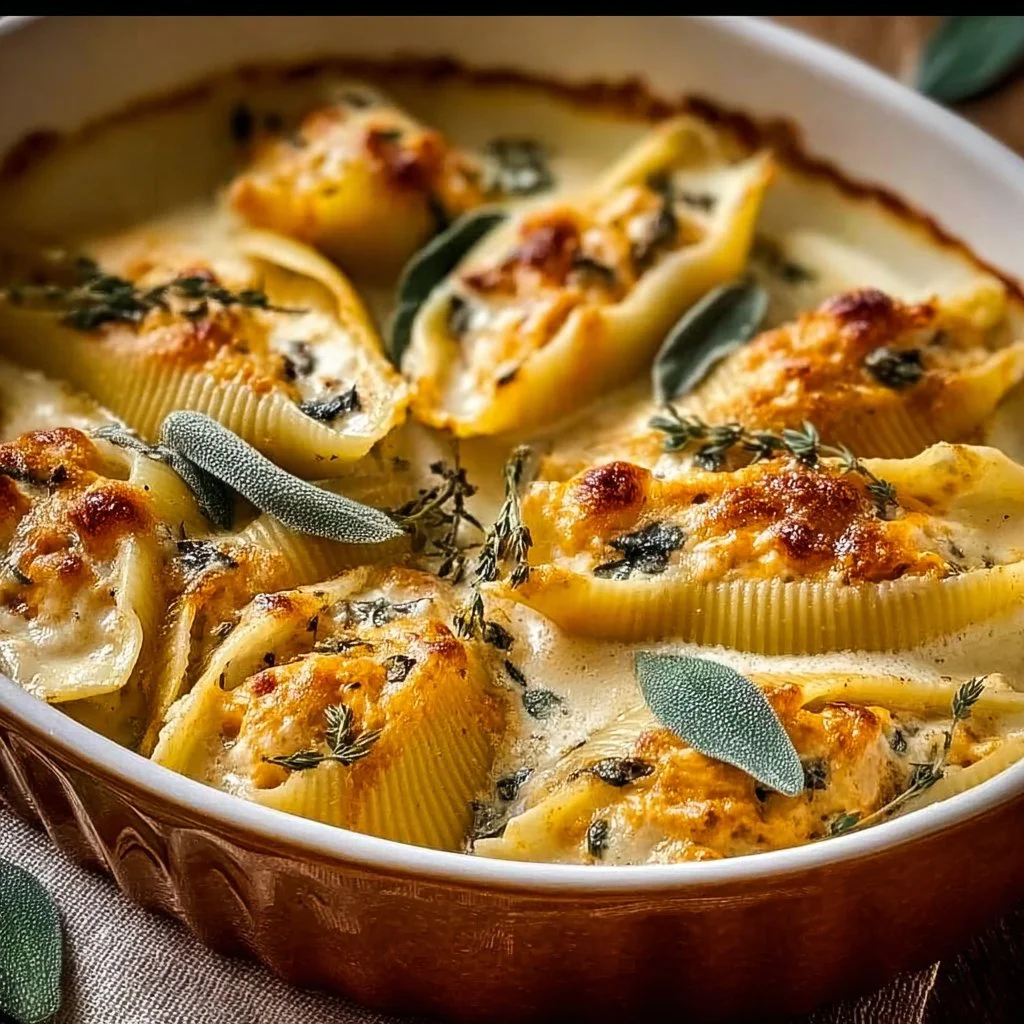 Pumpkin Gouda Stuffed Shells in Brown Butter Sage Alfredo Sauce