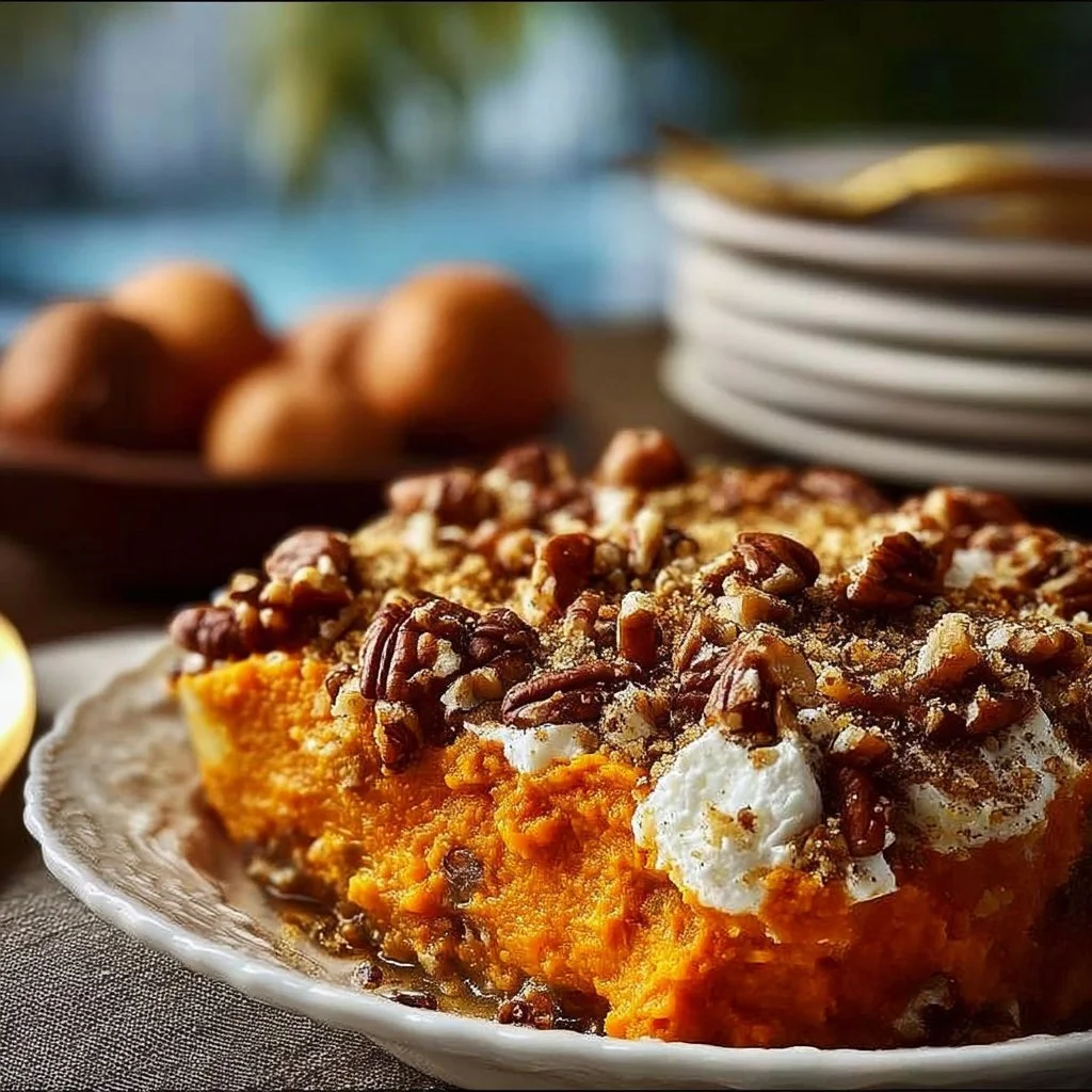 Delicious Southern sweet potato casserole topped with crunchy pecans.