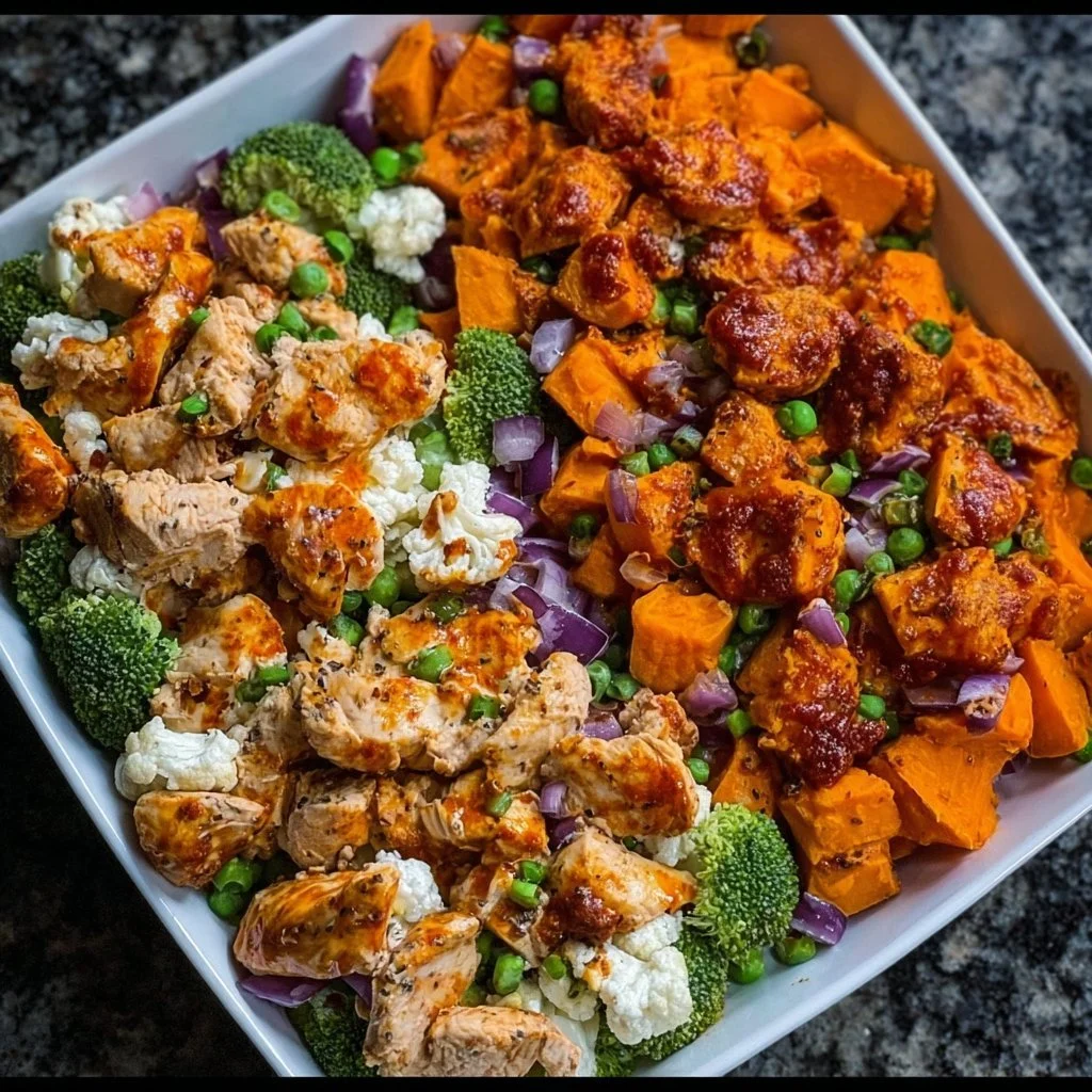Sheet Pan Buffalo Chicken and Sweet Potato Bowl served on a plate