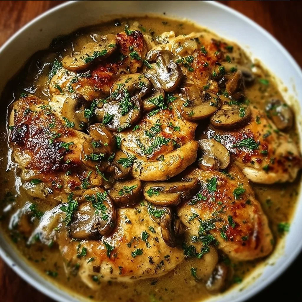 Plate of savory Chicken Marsala with mushrooms and herbs