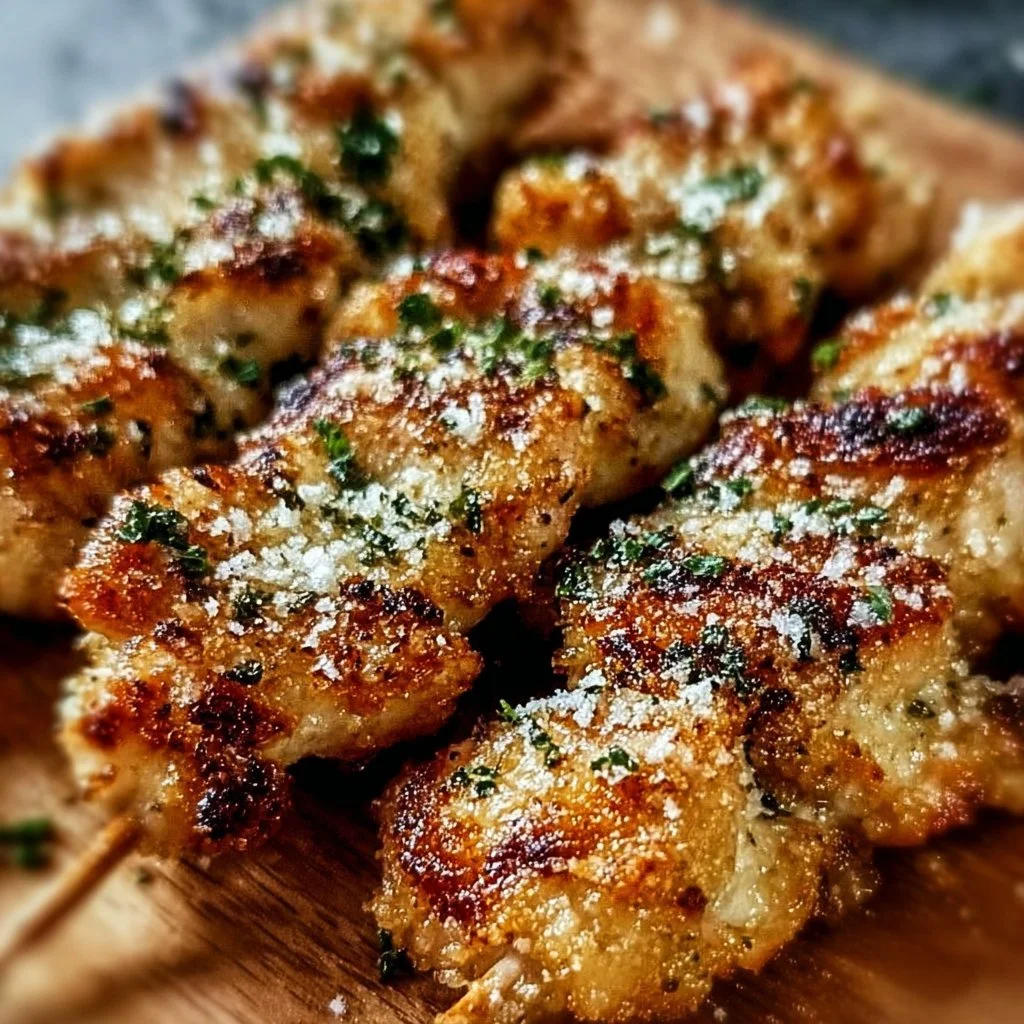 Delicious air fryer garlic parmesan chicken skewers served on a plate.