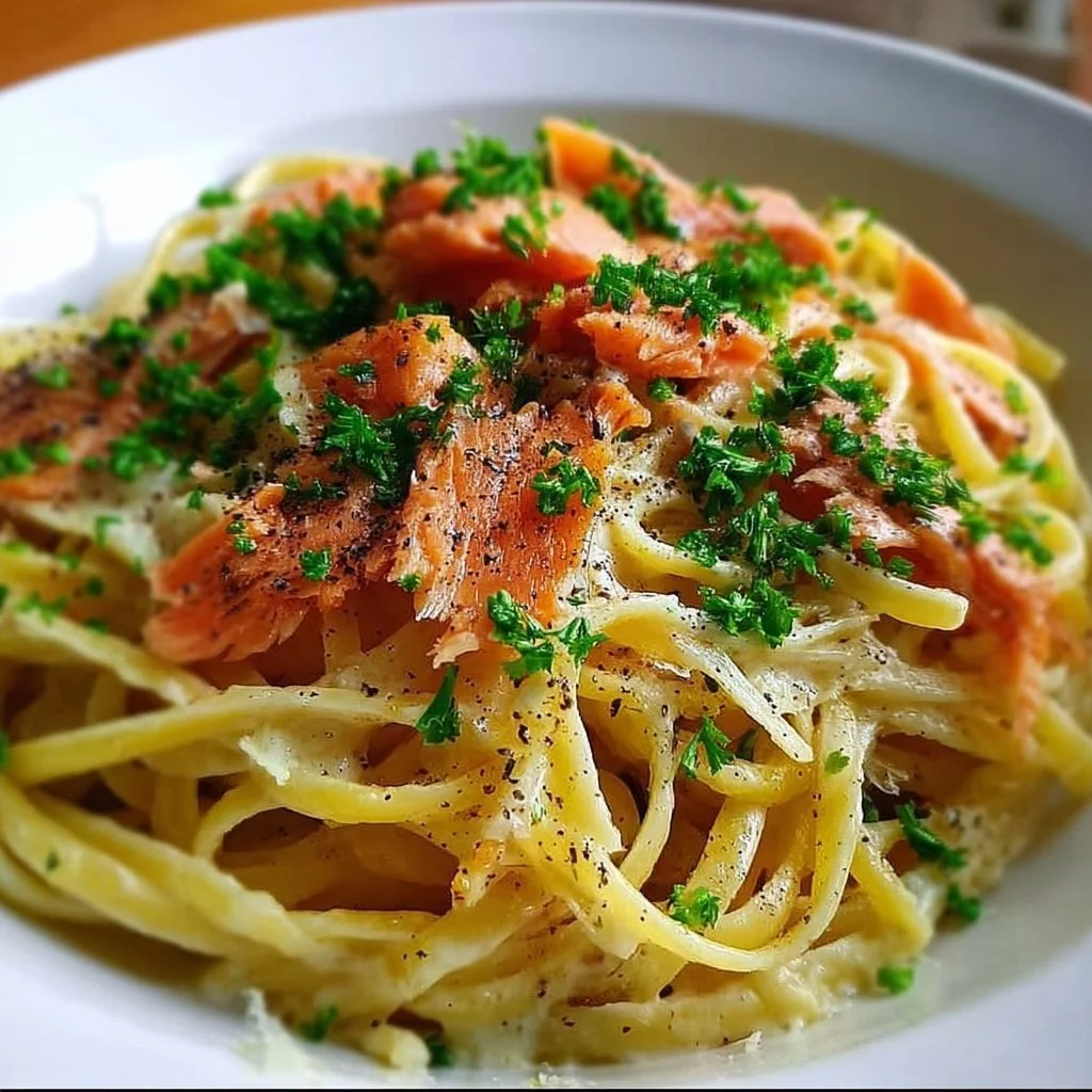 Delicious smoked salmon carbonara served in a creamy sauce with pasta.