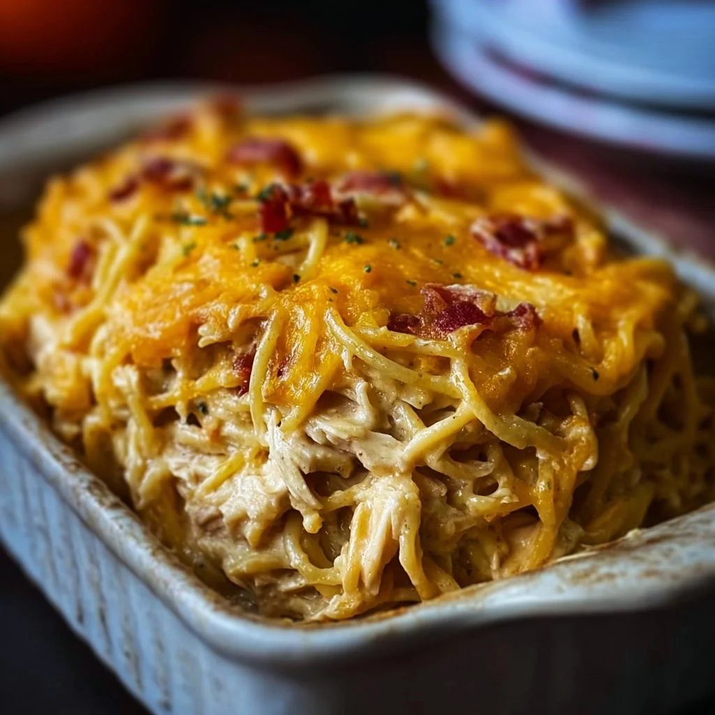 Southern-style chicken spaghetti casserole topped with cheese and herbs