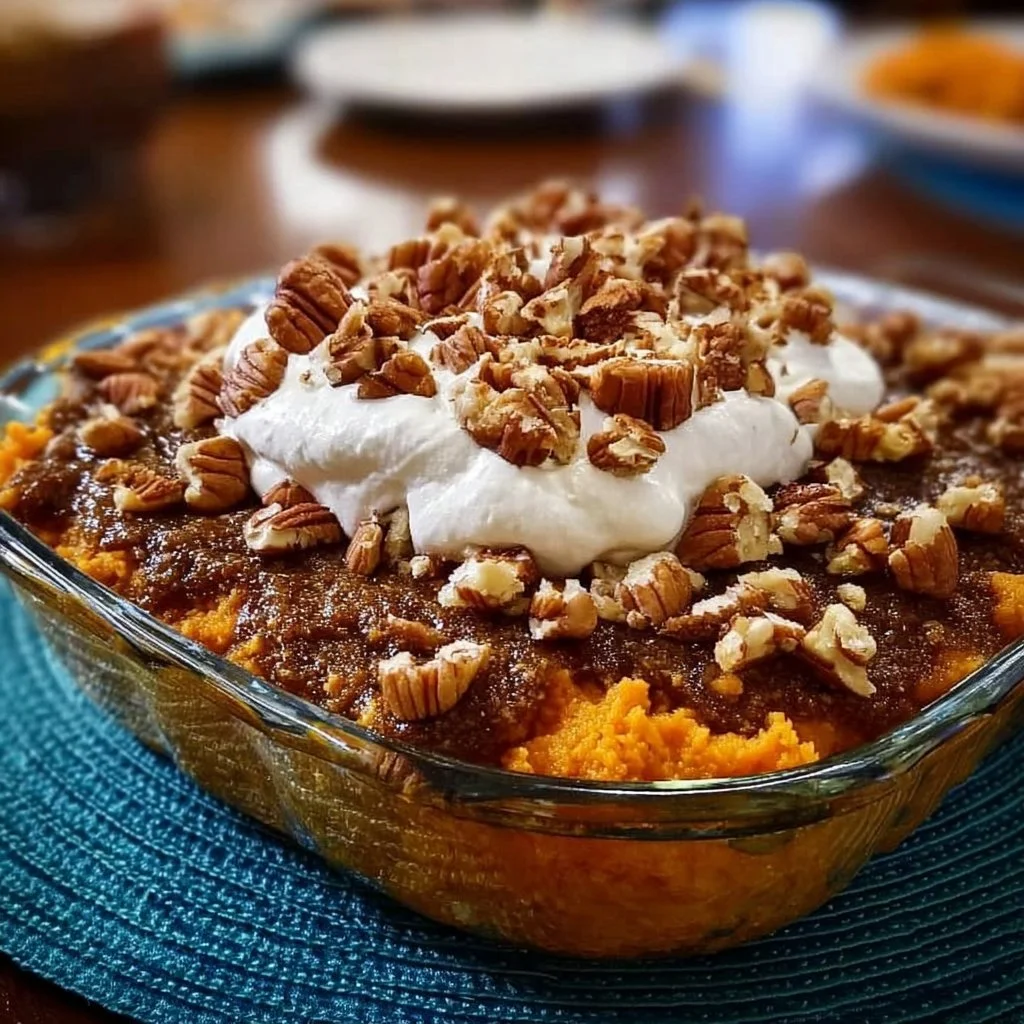 Delicious Southern sweet potato casserole topped with marshmallows and pecans.