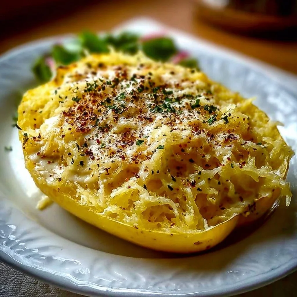 Spaghetti Squash Alfredo 3 Bowl of Spaghetti Squash Alfredo garnished with parsley