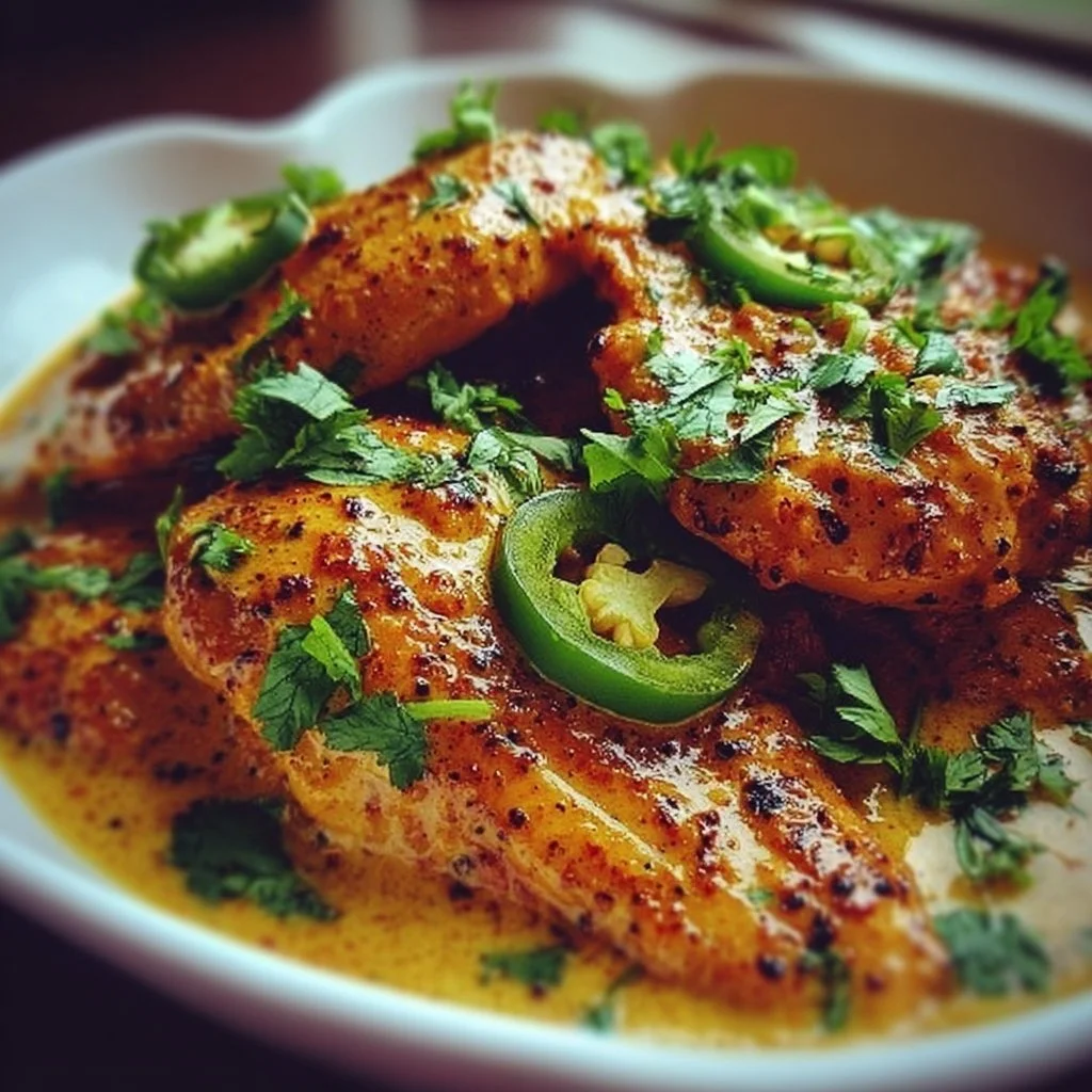 Delicious Spicy Jalapeno Chicken garnished with fresh herbs
