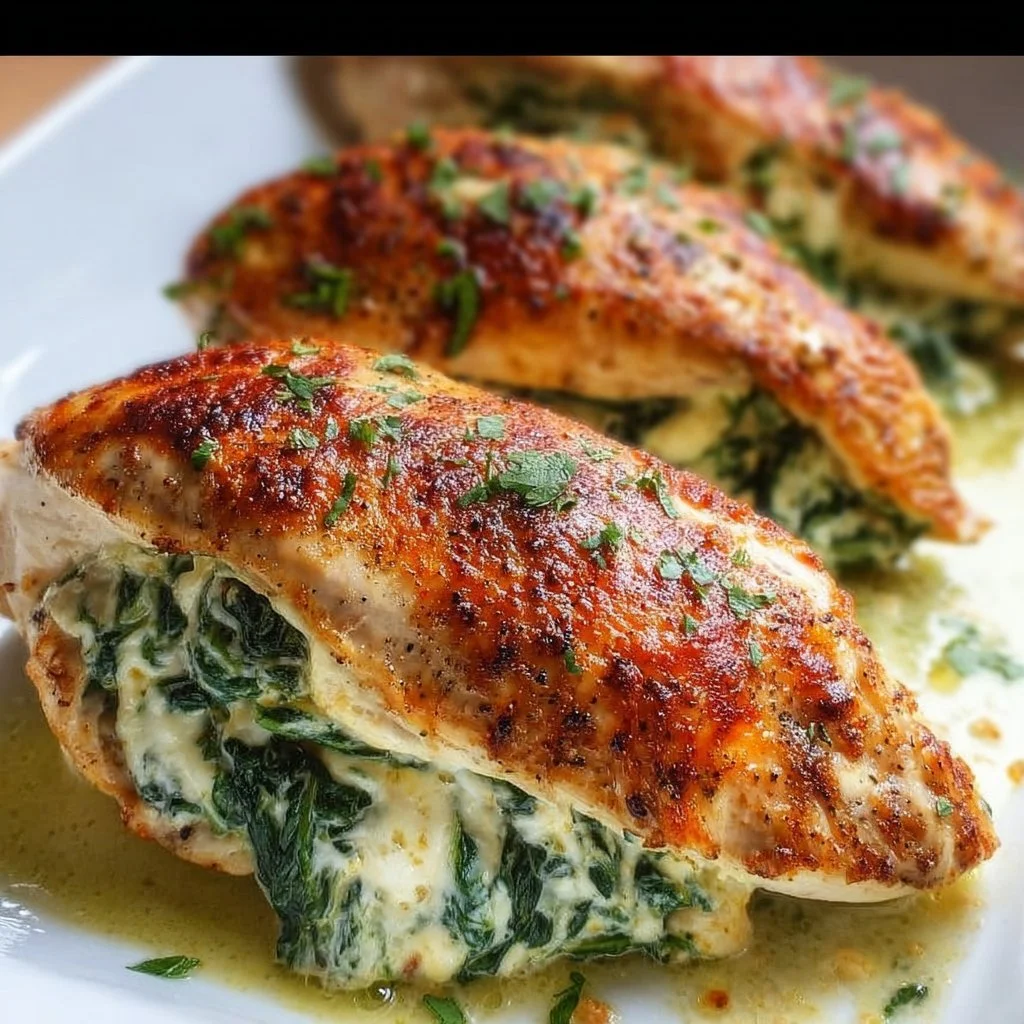 Spinach stuffed chicken breasts ready to serve with a side of vegetables