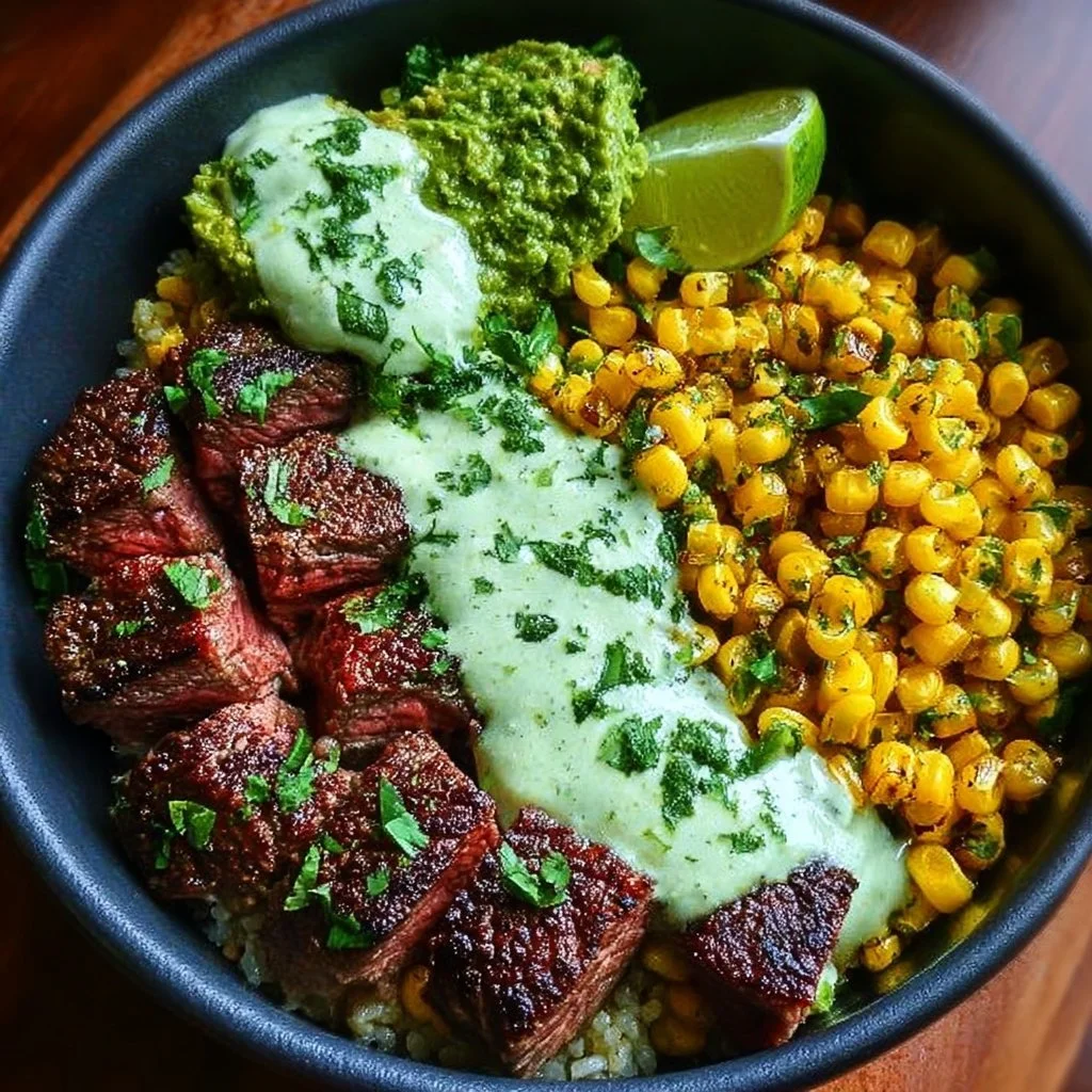 Steak Avocado Roasted Corn Bowl with Cilantro Cream Sauce served in a bowl