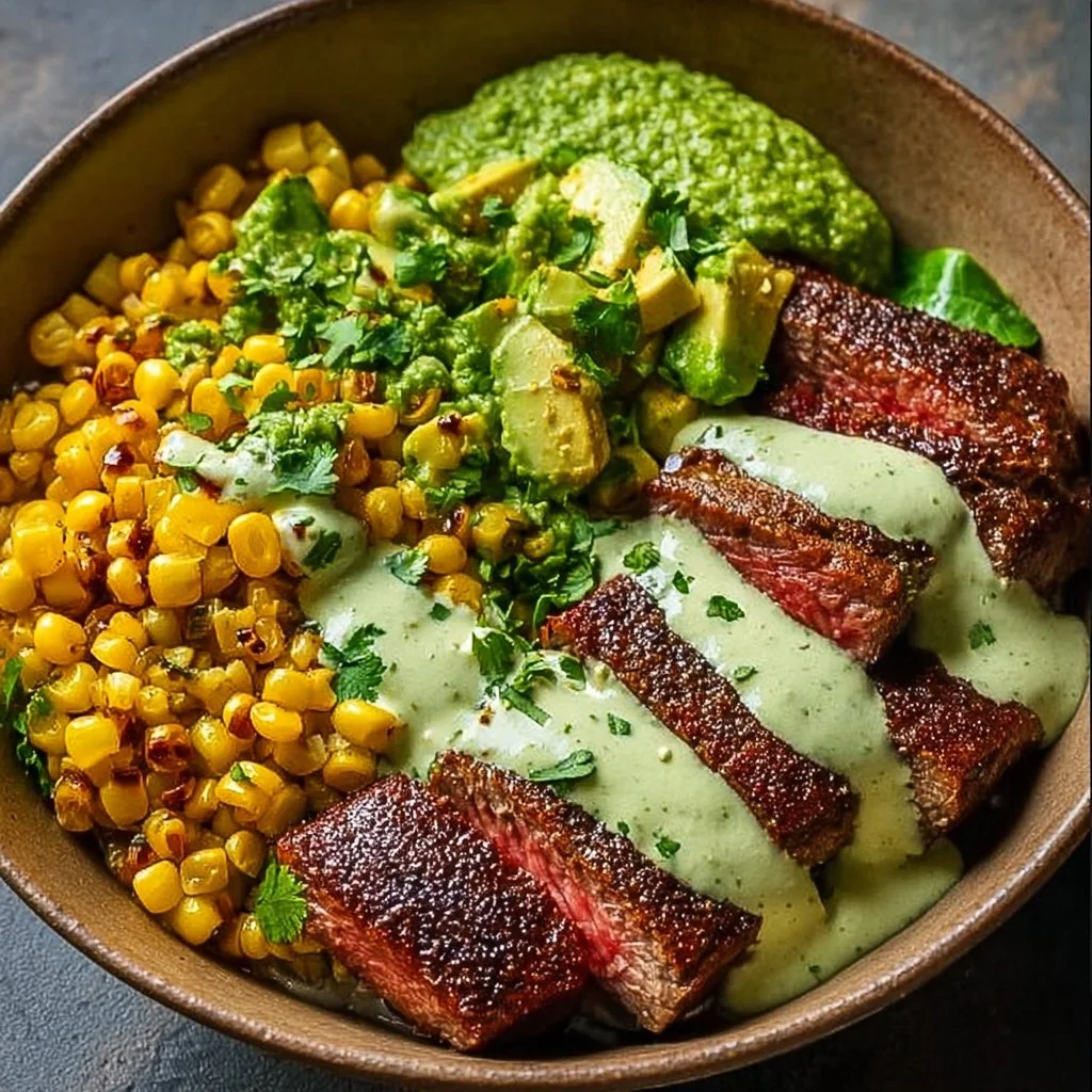 Steak Avocado Roasted Corn Bowl with Cilantro Cream Sauce