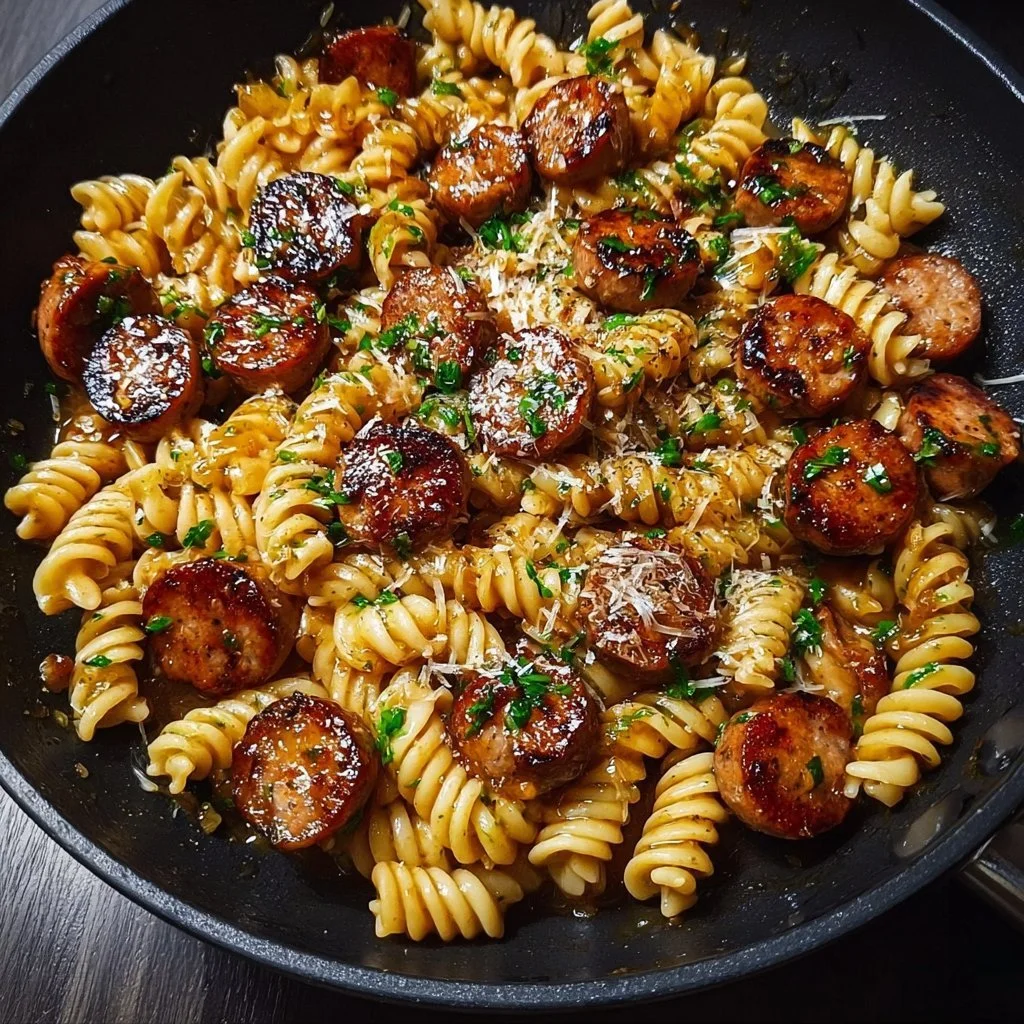 Plate of Sticky Honey Garlic Sausage Pasta garnished with herbs