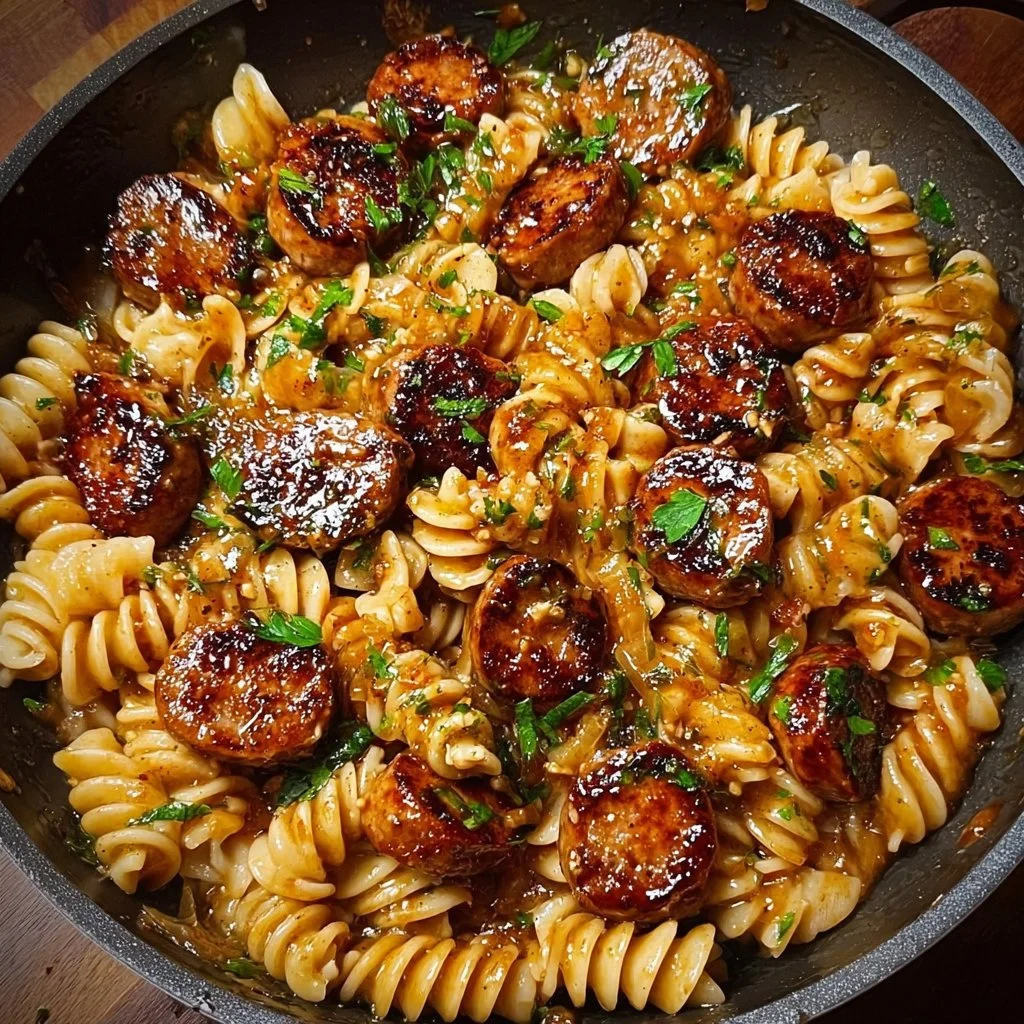 Sticky Honey Garlic Sausage Pasta
