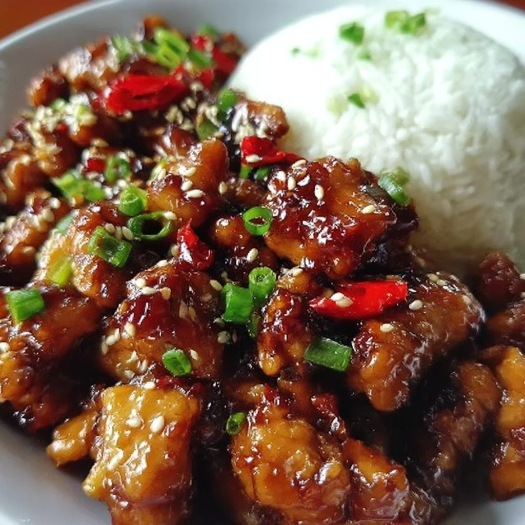 Sticky Sweet Chili Chicken dish garnished with herbs and vibrant vegetables