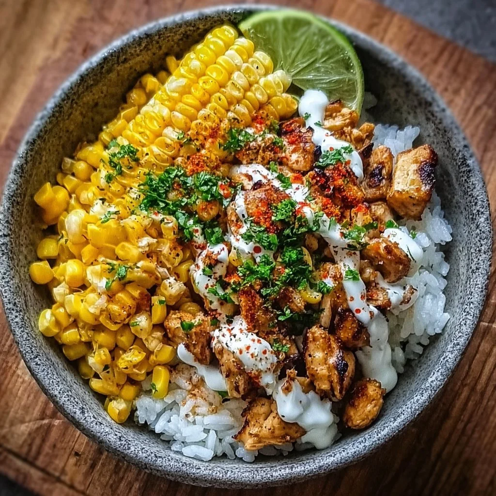 Street Corn Chicken Rice Bowl topped with fresh ingredients and spices.