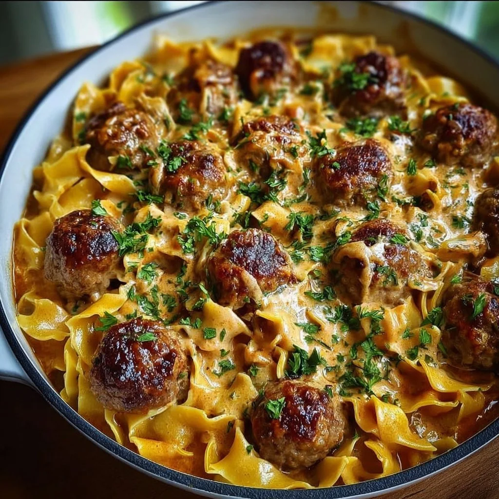Delicious Swedish Meatball Noodle Bake served in a casserole dish