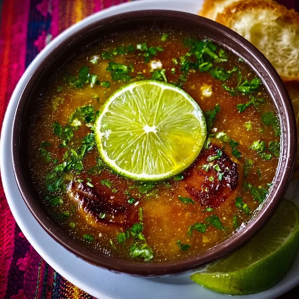 Bowl of Tasty Mexican Garlic Soup garnished with herbs and spices