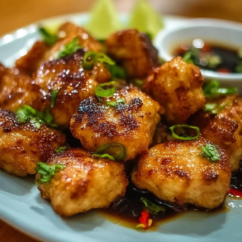 Plate of flavorful Thai Chicken Bites garnished with herbs