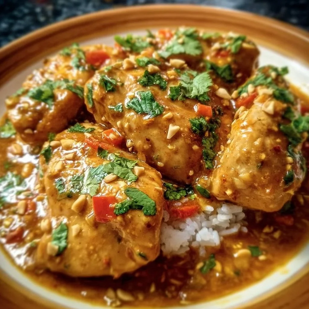 Plate of Thai Peanut Chicken with garnish and vegetables