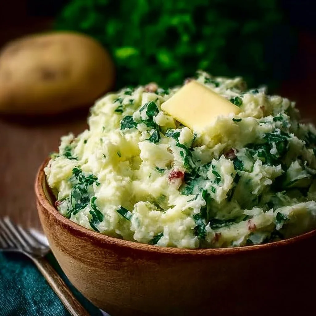 Bowl of traditional Irish Colcannon with mashed potatoes and cabbage