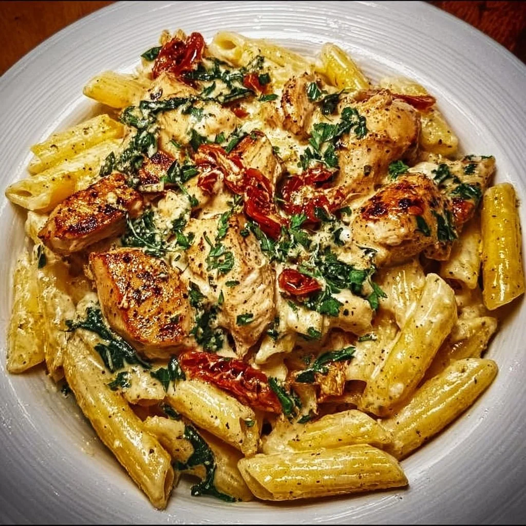 Delicious plate of Tuscan Chicken Pasta with sun-dried tomatoes and creamy sauce.