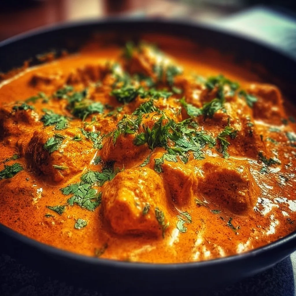 Delicious plate of ultimate authentic butter chicken with creamy sauce
