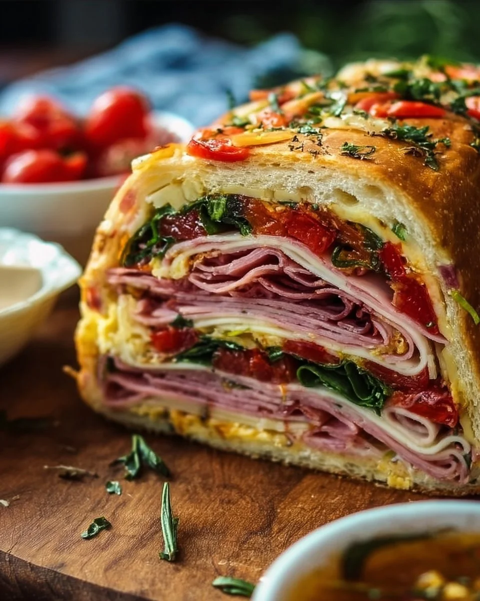 Ultimate pressed Italian picnic sandwich loaf with layers of delicious ingredients.