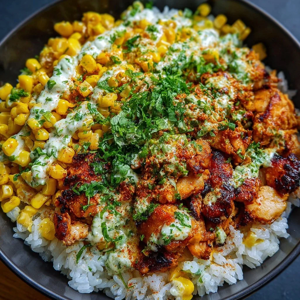 Delicious street corn chicken rice bowl garnished with fresh herbs and spices