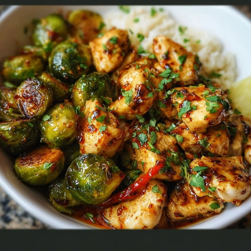 Delicious air fryer sweet chili chicken served with Brussels sprouts.