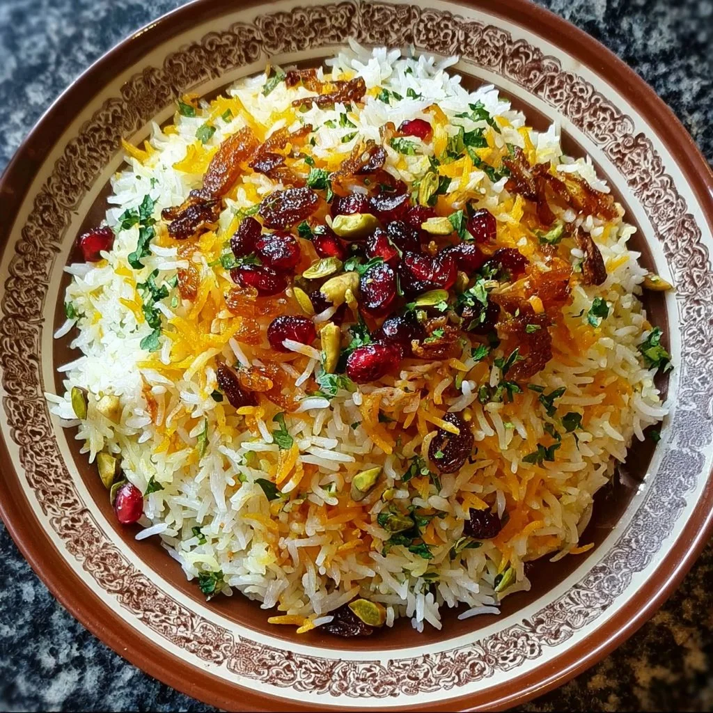 Bowl of authentic Persian Jeweled Rice garnished with nuts and fruits