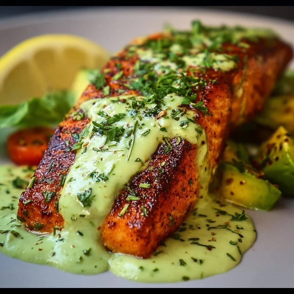 Baked Cajun Salmon served with avocado lime sauce on a plate