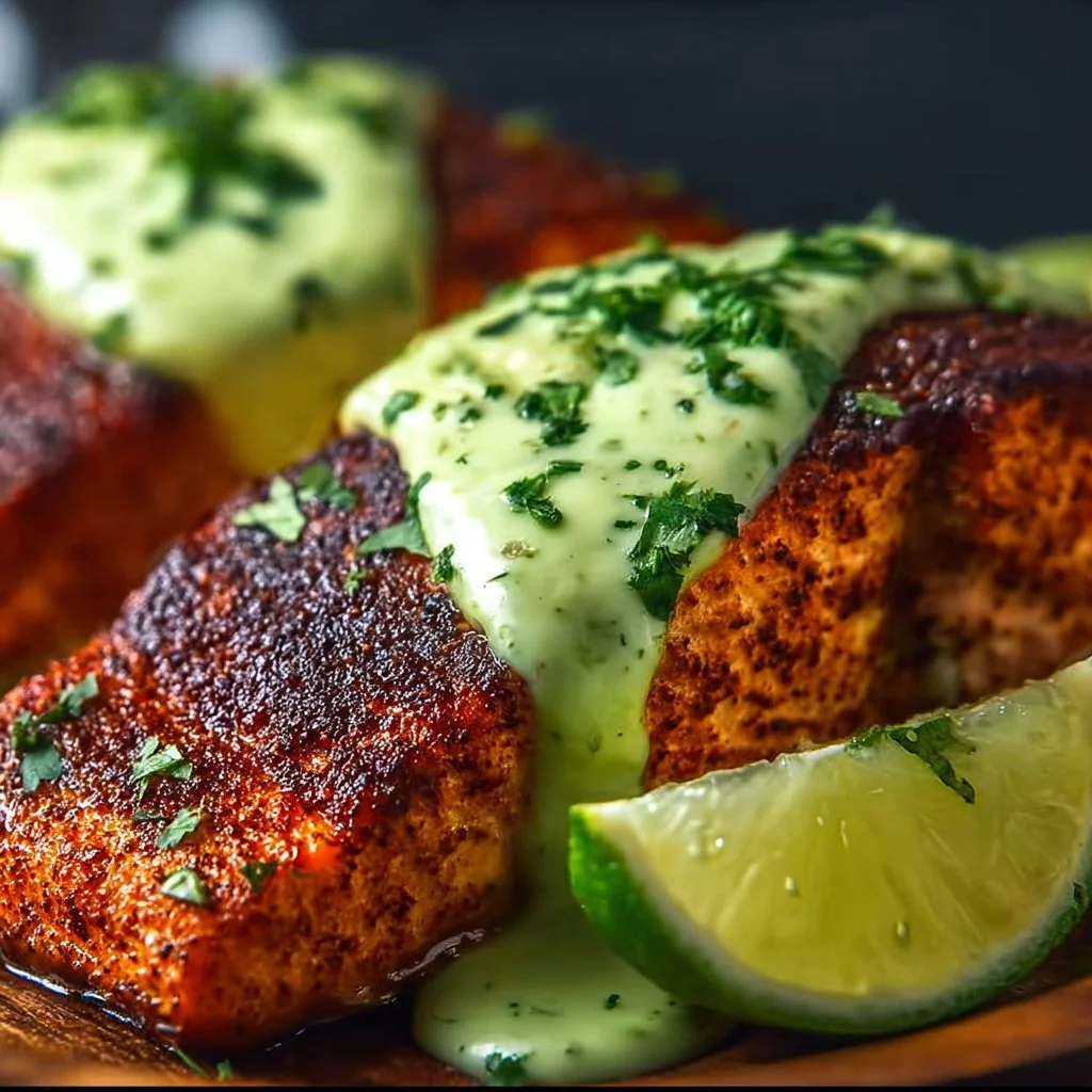 Baked Cajun Salmon with Avocado Lime Sauce