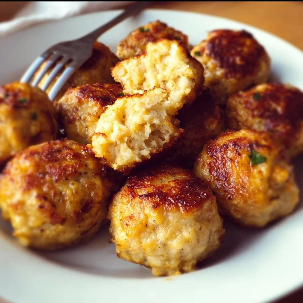 A plate of baked chicken meatballs garnished with herbs and served with dipping sauce.