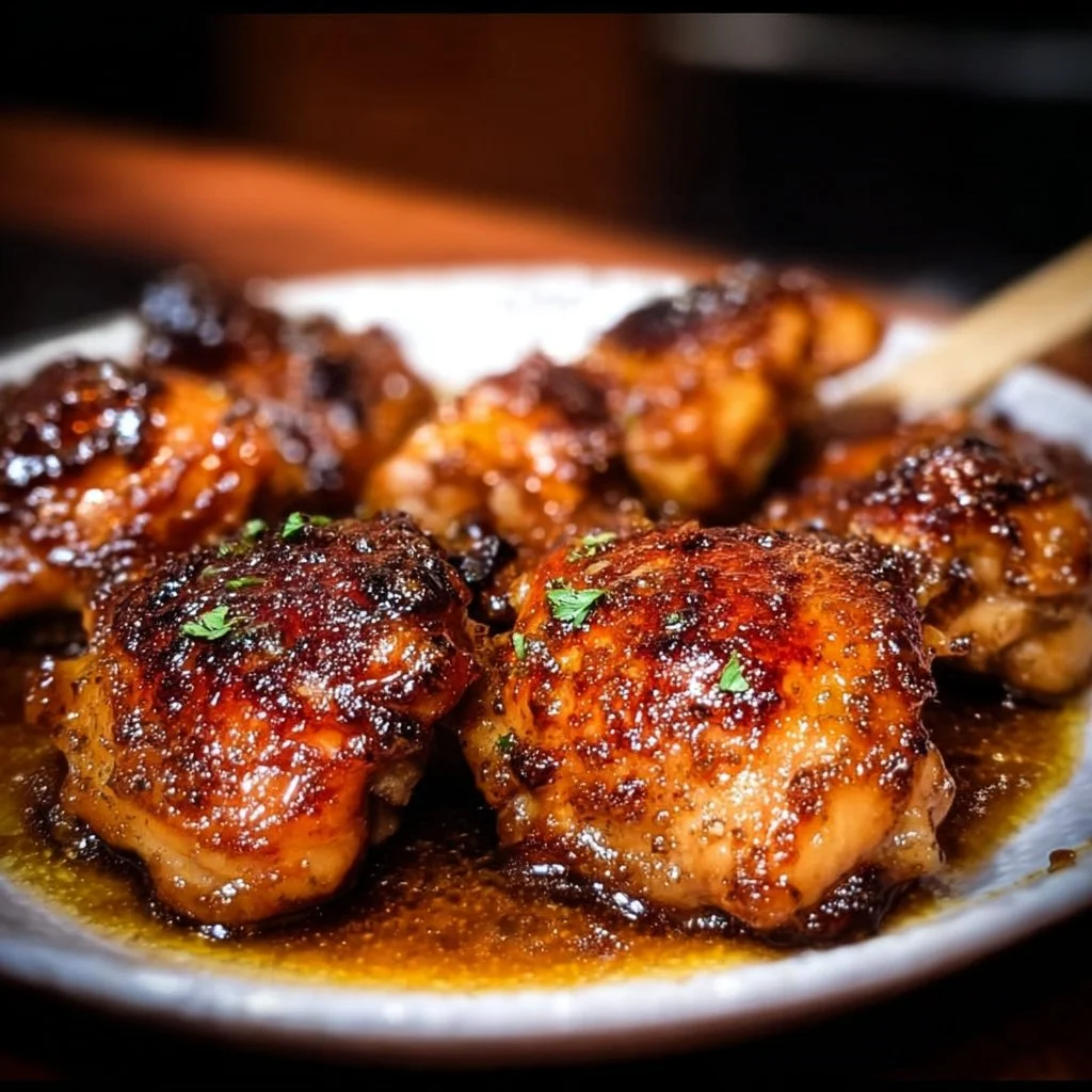 Baked honey garlic boneless chicken thighs garnished with herbs