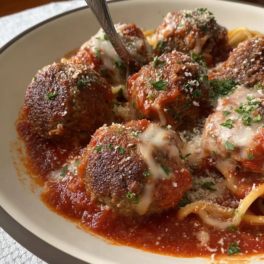 Baked Italian meatballs served with marinara sauce and pasta
