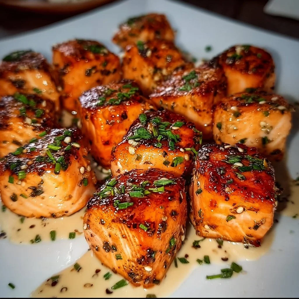 Bang Bang Salmon Bites 3 Delicious Bang Bang Salmon Bites served on a plate with dipping sauce