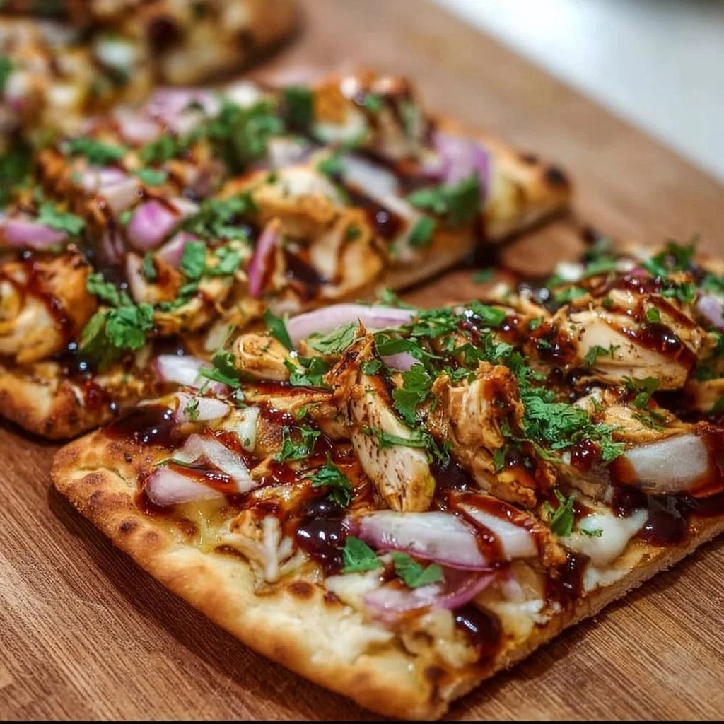 BBQ Chicken Flatbread 3 BBQ chicken flatbread topped with fresh herbs and drizzled with sauce