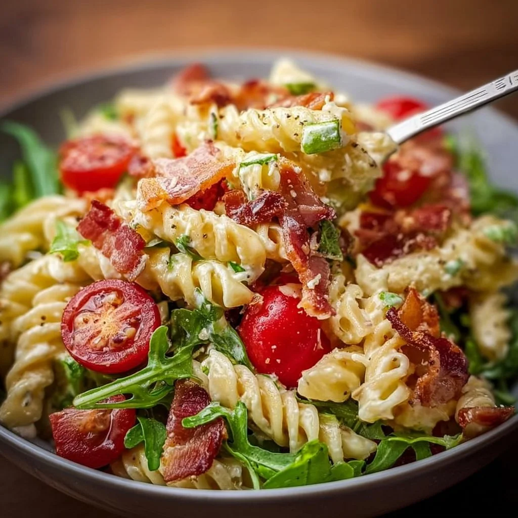 Best Gluten Free Dairy Free BLT Pasta Salad 3 Gluten-free, dairy-free BLT pasta salad in a bowl with fresh ingredients