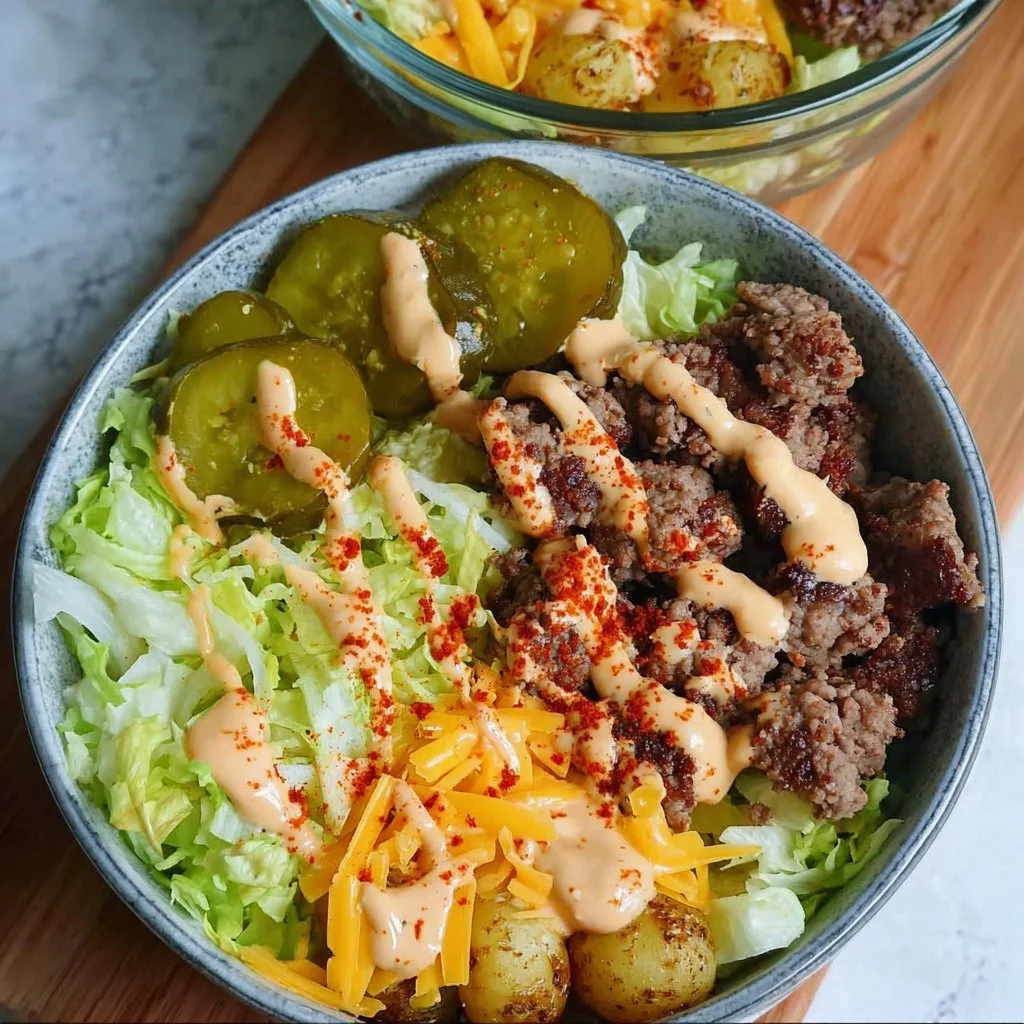 Delicious Keto Big Mac Bowl recipe with high protein ingredients