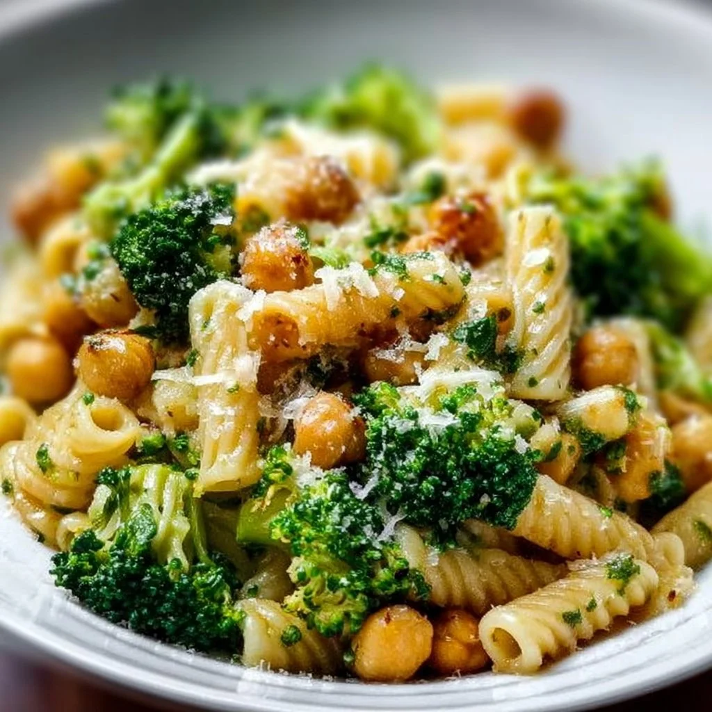 Broccoli Chickpea Pasta with Garlic Olive Oil 3 Plate of broccoli chickpea pasta with garlic olive oil and herbs