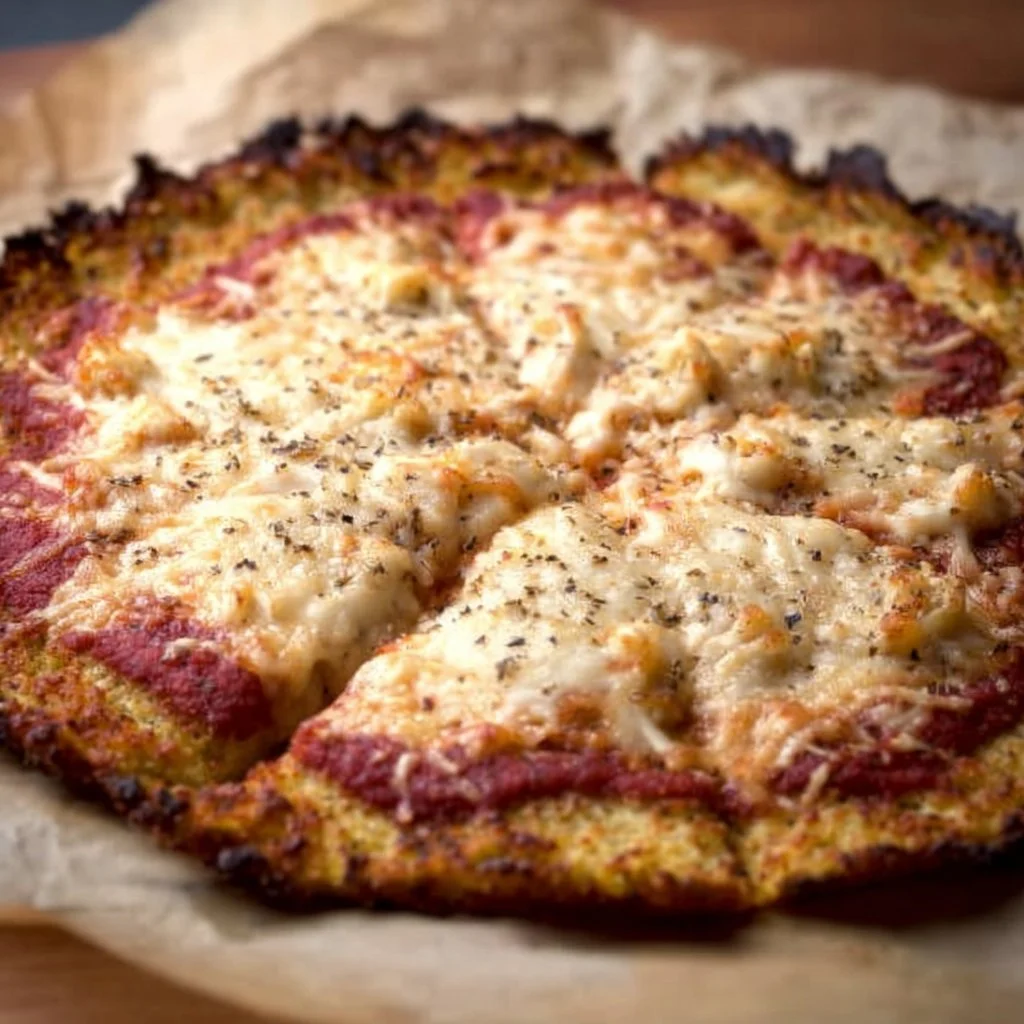 Cauliflower low carb pizza crust slice on a plate