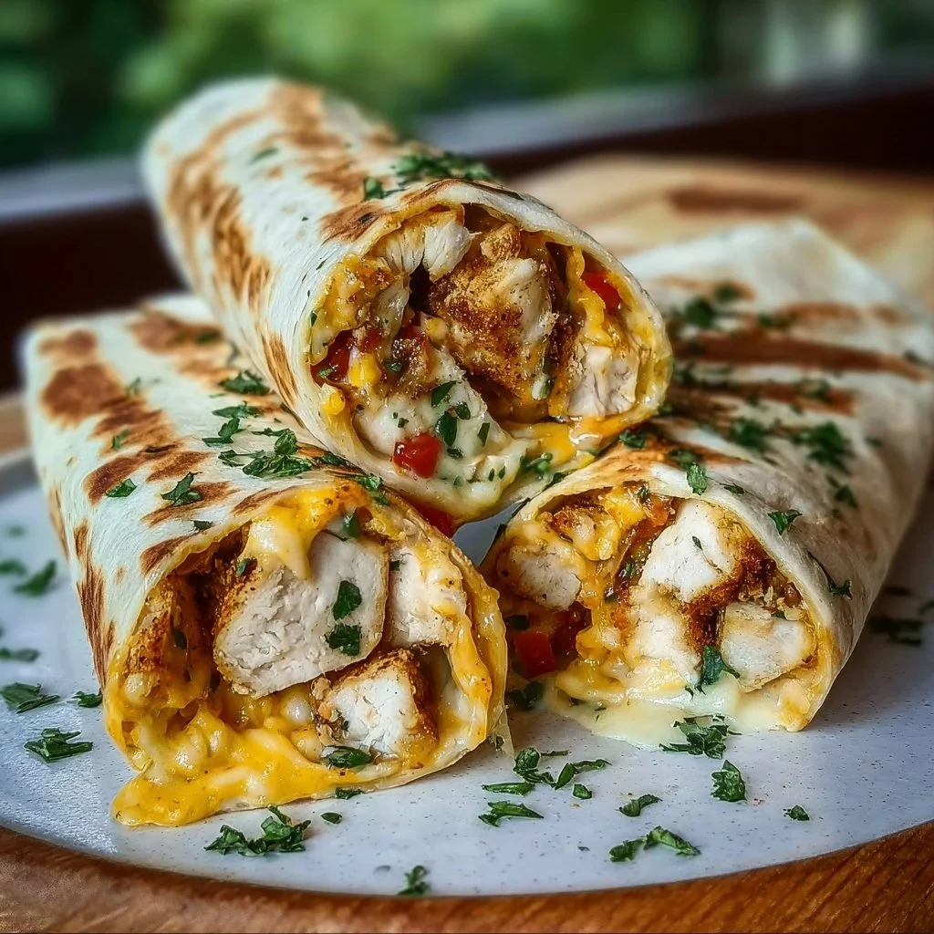 Delicious cheesy garlic chicken wraps served on a wooden platter