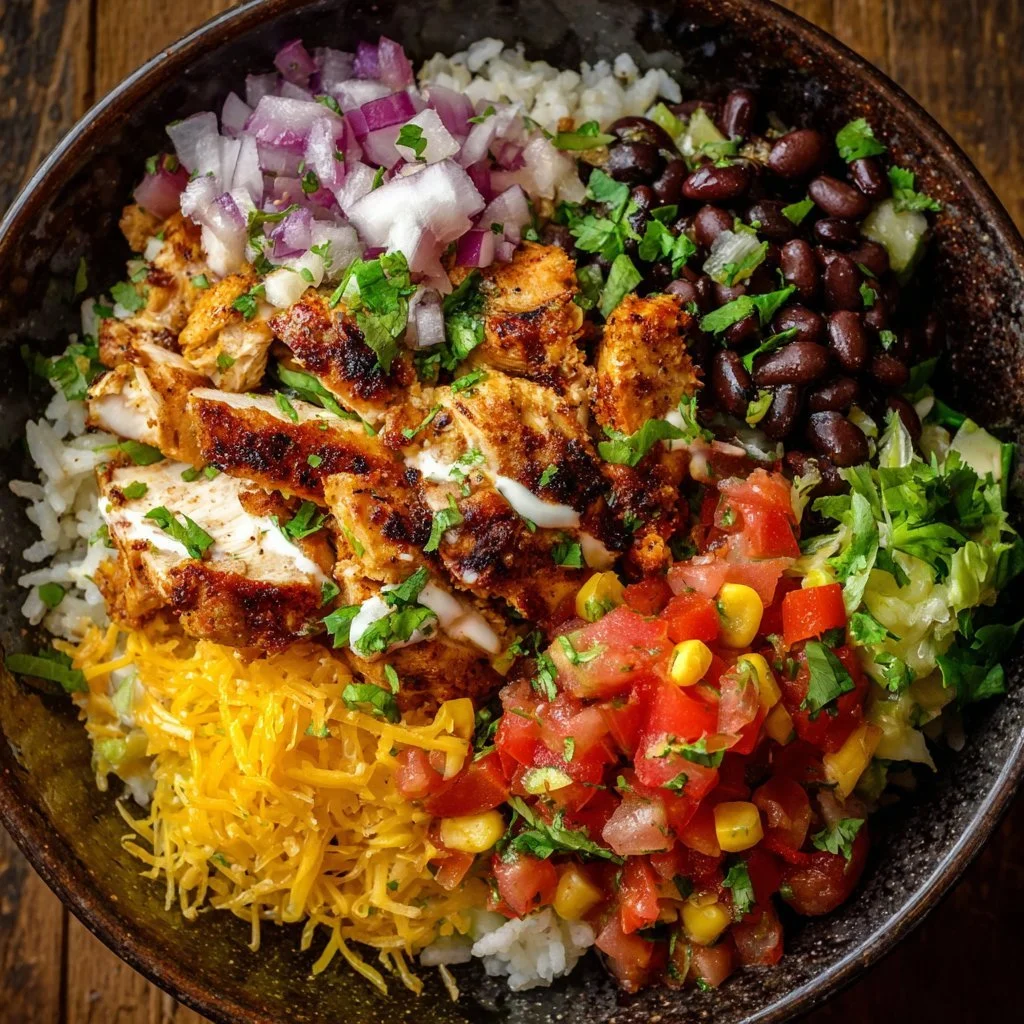 Chicken and Black Bean Burrito Bowl with fresh vegetables and toppings